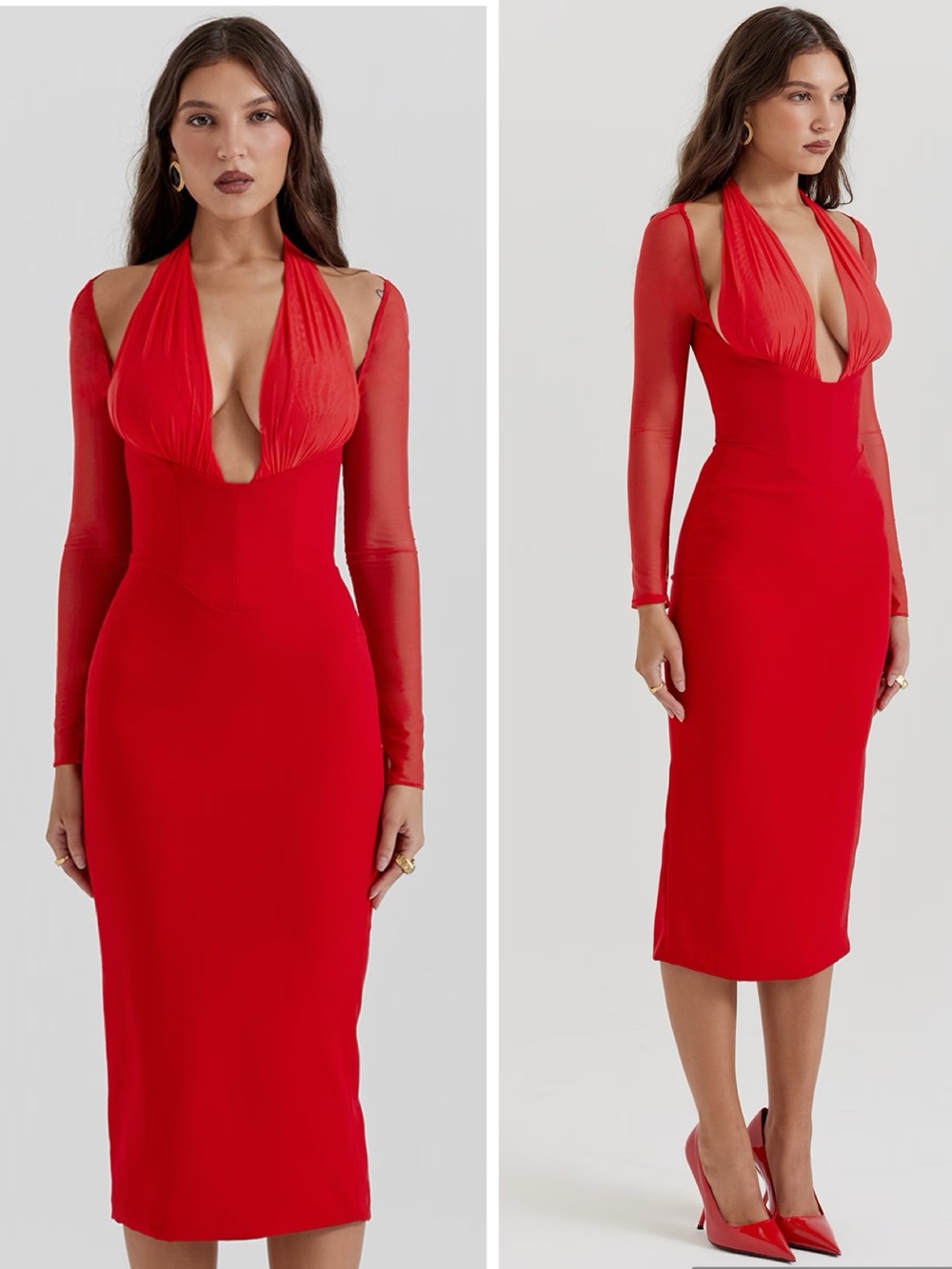 NWT House of CB Yasmin Scarlet Plunge Midi Dress True Red size M Bodycon - Picture 3 of 16